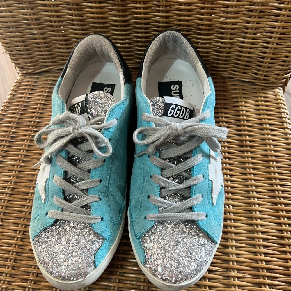 Turquoise and silver glitter golden goose low top